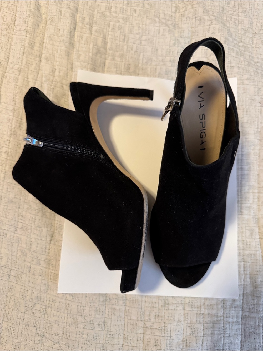 Via Spiga Black Platform Suede Peep-Toe Slingback Heels with Side Zip